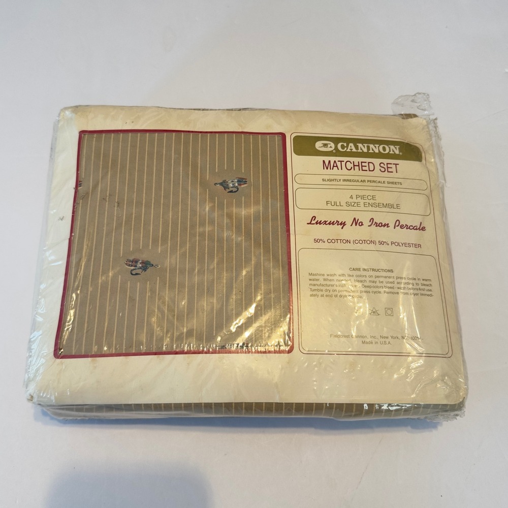 Vintage Cannon Full Sheet Set Fly Fishing Lures Percale 4pc Tan Blue Made in USA